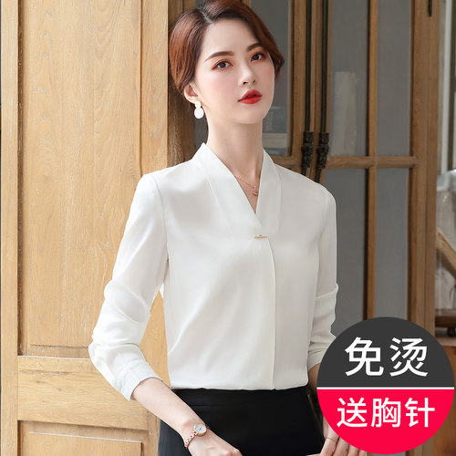 醋酸缎面衬衫女高级感气质职业上衣v领丝绸缎面白衬衣轻奢新款夏