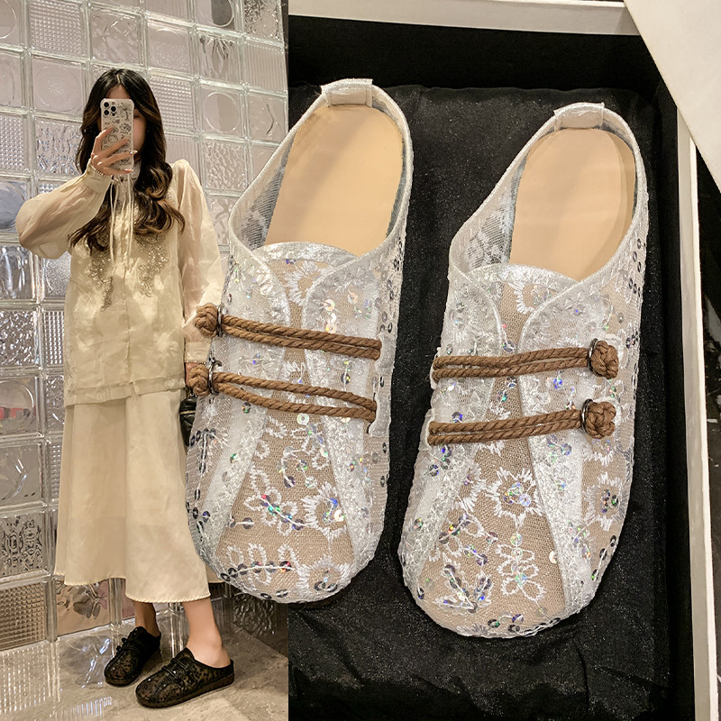 软底包头半拖鞋女2025新款夏季透气新中式汉服鞋一脚蹬老北京布鞋
