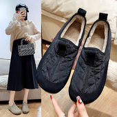 女秋冬季 2024新款 一脚蹬懒人乐福鞋 羽绒布加绒豆豆鞋 孕妇保暖棉鞋