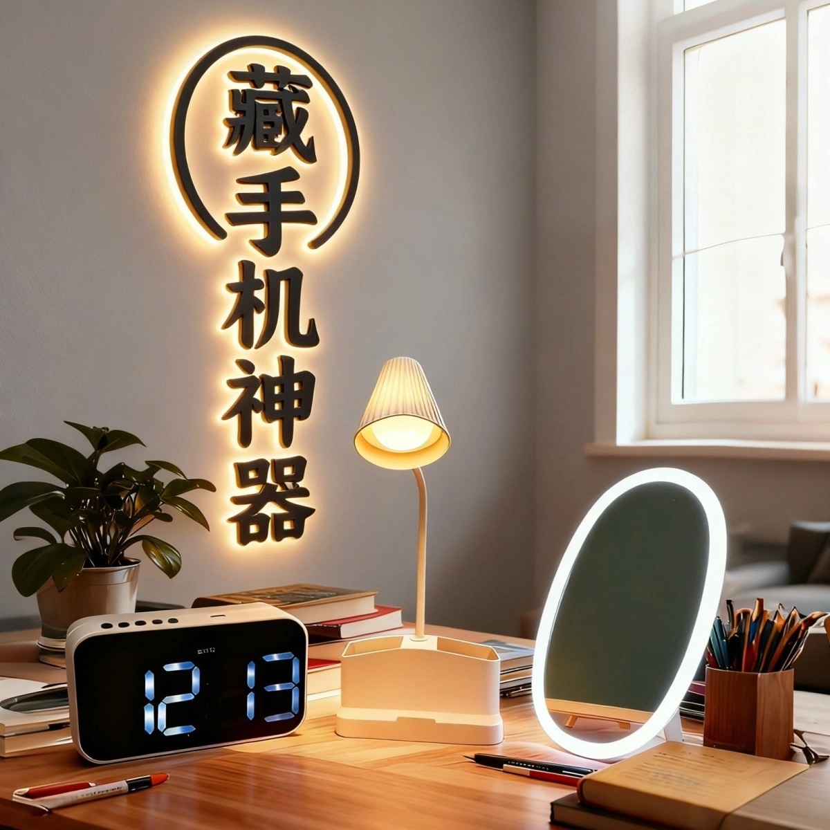 上学宿舍藏手机神器可充电闹钟台灯镜子带暗格伪装入校混淆金属
