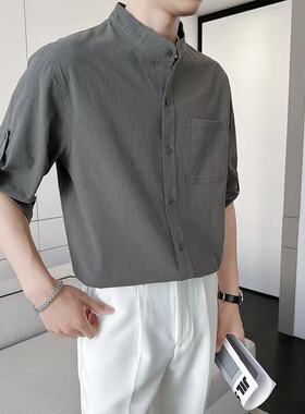 Men's summer cotton and linen short-sleeved shirt casual