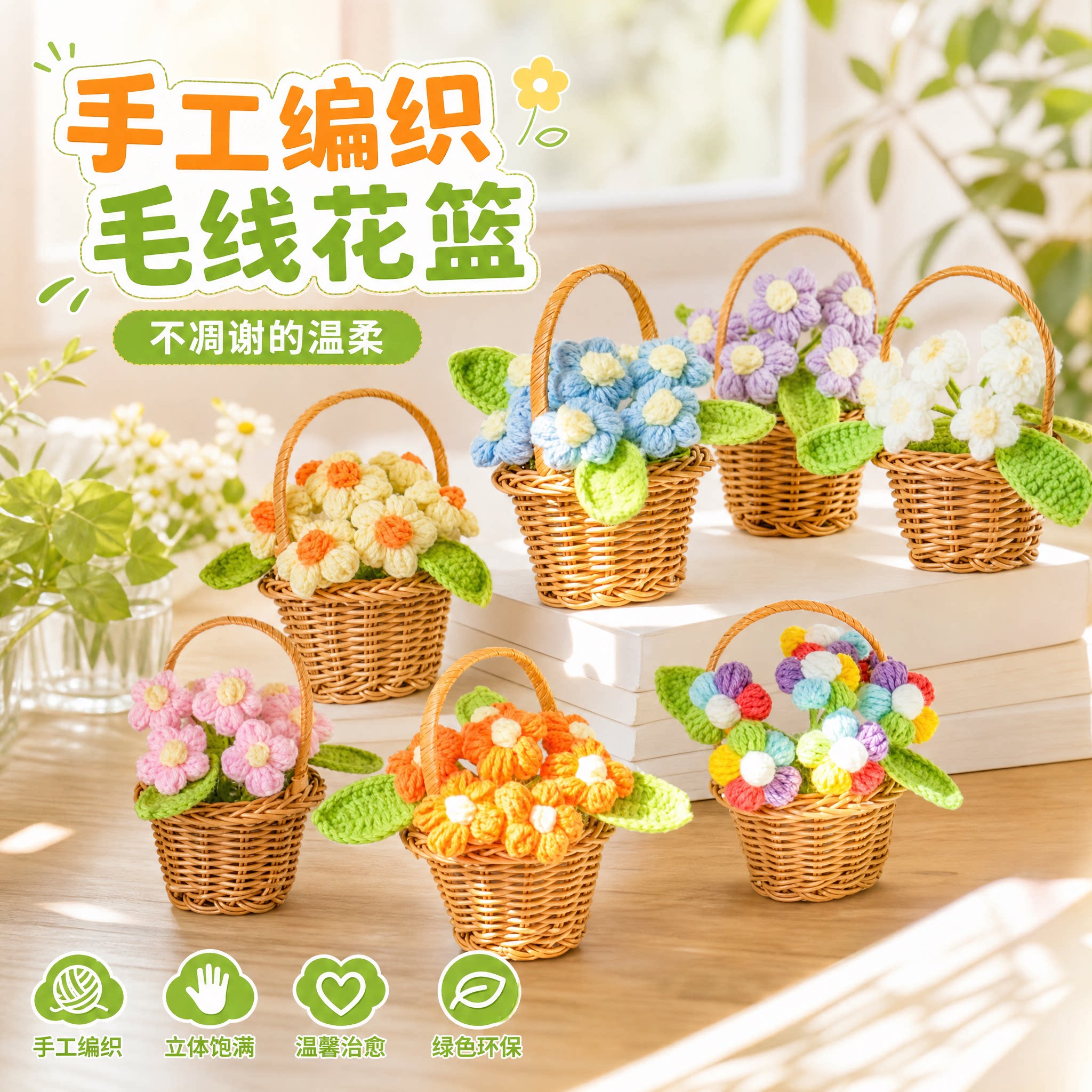 手工插花迷你小花篮仿藤编木条图片