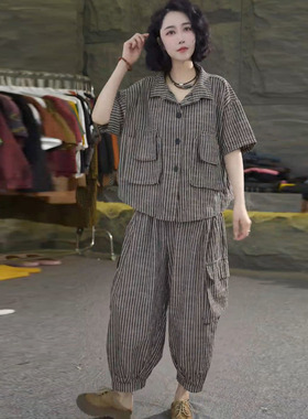 2025年春夏季新款时尚套装女条纹短袖上衣宽松显瘦哈伦裤两件套女