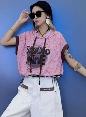 2025夏季超火款扎染连帽短袖上衣女设计款撞色宽松显瘦百搭T恤衫