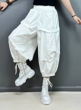 2025大码夏季新款个性口袋八分阔腿裤褶皱时尚减龄百搭休闲灯笼裤