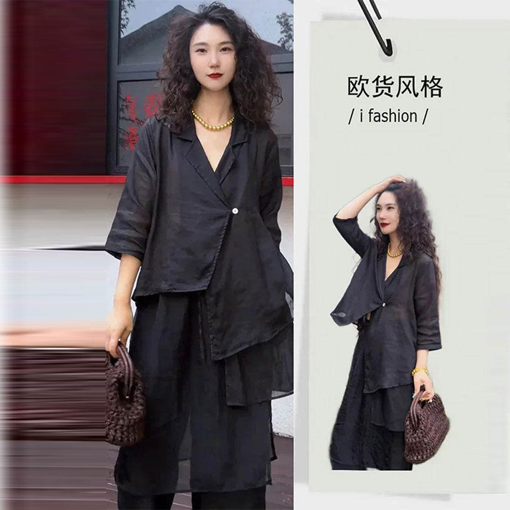 复古休闲麻料衬衫套装女2026时尚套装