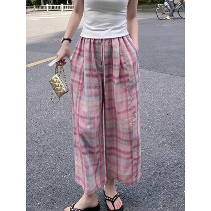 韩系温柔风粉色格纹九分裤女夏季薄款大码宽松阔腿直筒裤休闲裤子