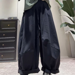 时尚百搭宽松夏季新款复古纯色简约鼓包拼接慵懒风休闲九分阔腿裤