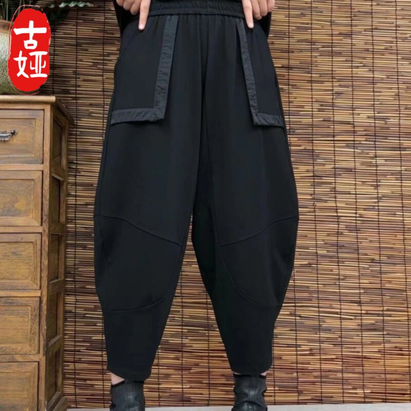 春夏季新款时尚拼接立体口袋老爹裤松紧裤弹力哈伦裤宽松大码收腿