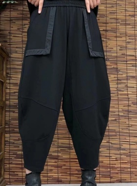 春夏季新款时尚拼接立体口袋老爹裤松紧裤弹力哈伦裤宽松大码收腿