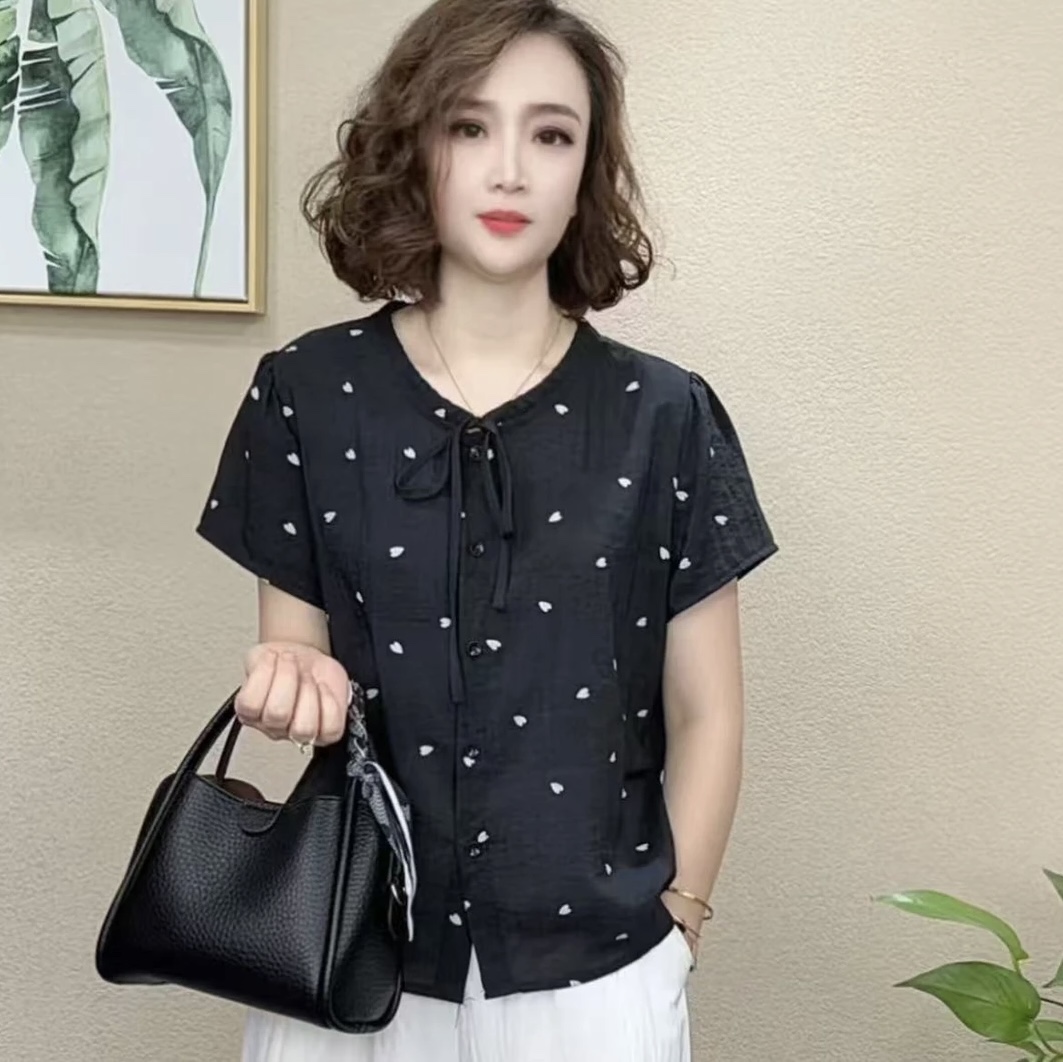 2025夏季新款洋气百搭减龄显瘦女圆领开衫气质短袖衬衫上档次T恤