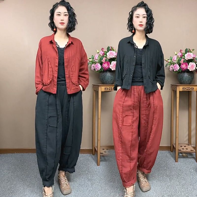 民族风复古棉麻大口袋时尚套装女秋季宽松显瘦上衣短外套哈伦裤子