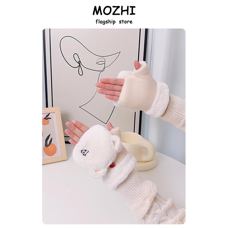 半指手套女冬季可爱韩版加绒加厚保暖防寒翻盖手套露指打字写字秋