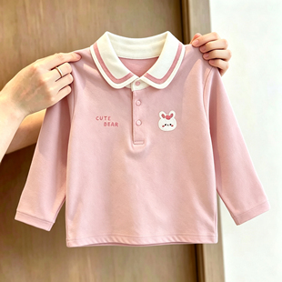 秋季女童纯棉卡通POLO衫长袖上衣新款宝宝可爱小兔绣花撞色翻领T