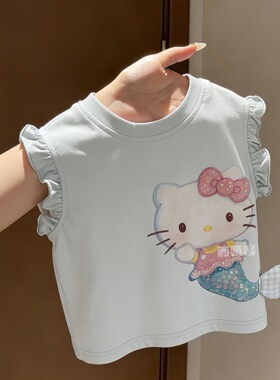 夏季女童洋气HelloKitty美人鱼无袖T恤纯棉宝宝洋气卡通立体上衣