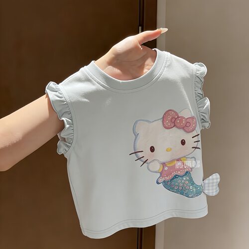 夏季女童洋气HelloKitty美人鱼无袖T恤纯棉宝宝洋气卡通立体上衣