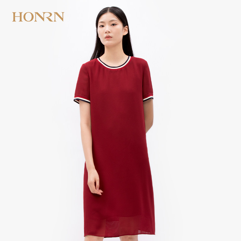 honrn/红人专柜正品秋季女装短袖圆领连衣裙商场同款he33ol008