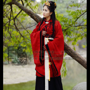 七七坊正统汉服华服秦汉刺绣绣花秦汉三重衣大袖双绕曲裾配裙整套