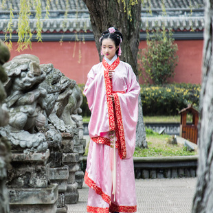 七七坊正统漢华汉服广袖伴娘提花绸大摆鱼尾三绕曲裾袍深衣粉蓝黄