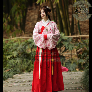 七七坊汉服华手绘风樱梅花数码印花绣花棉明制袄裙上衣襦裙套装