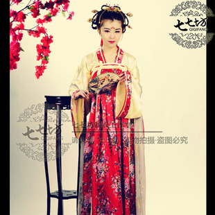 七七坊华服正统汉服华服中国风仿真丝印花隋唐朝对襟齐胸襦裙红黄