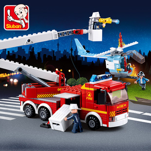 小鲁班拼装积木云梯救援车水罐消防车组装模型男孩拼插玩具礼物