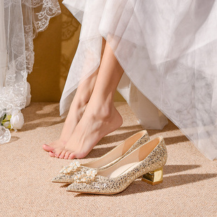 粗跟水晶婚鞋 不累脚孕妇可穿秀禾婚纱两穿 结婚新娘鞋 女2024年新款