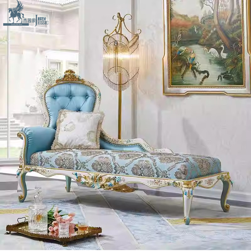 正品高端法式宫廷进口实木雕花纯手工彩绘金箔贴面正品布艺贵妃椅