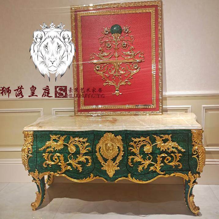 狮落豪庭高端奢华欧式天然孔雀石纯铜雕花大理石玄关桌餐边桌