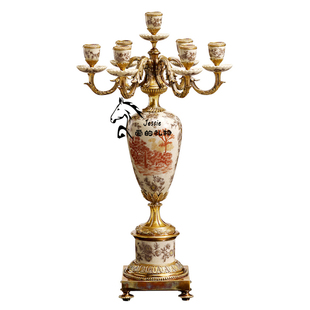 狮落高端美式乡村手工彩绘陶瓷做旧铜雕艺术精品装饰七头烛台