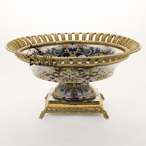 狮落高端欧式2018新款纯手工彩绘纯黄铜高温陶瓷艺术精品装饰盘