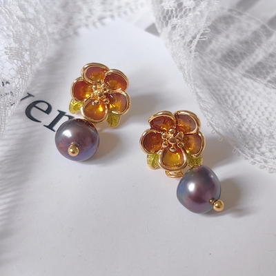 巴洛克紫色珍珠耳环焦糖色珐琅滴油山茶花花朵耳钉春夏耳饰精致