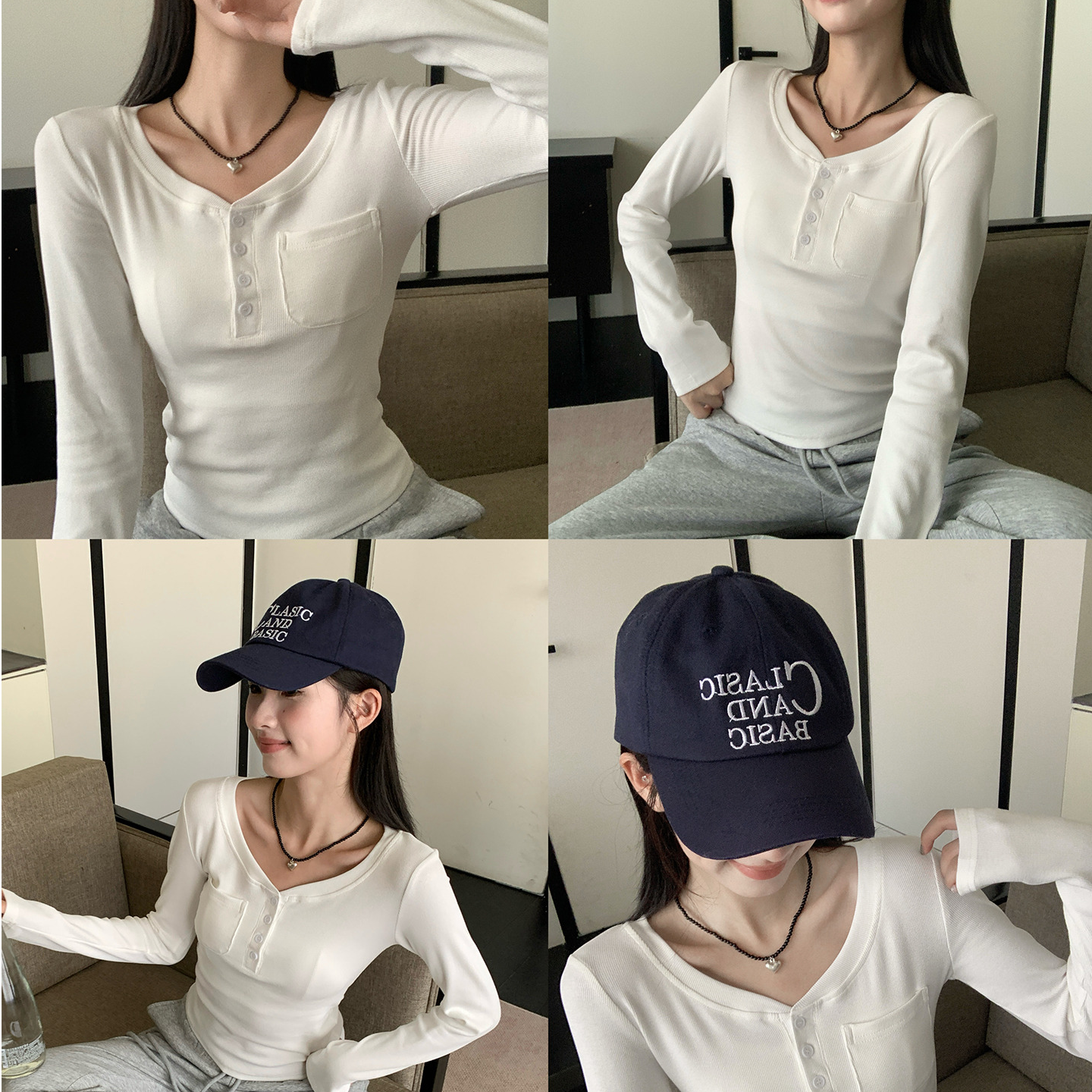 日系巨好穿修身纽扣半开领内搭女秋季休闲正肩纸片人显瘦长袖上衣