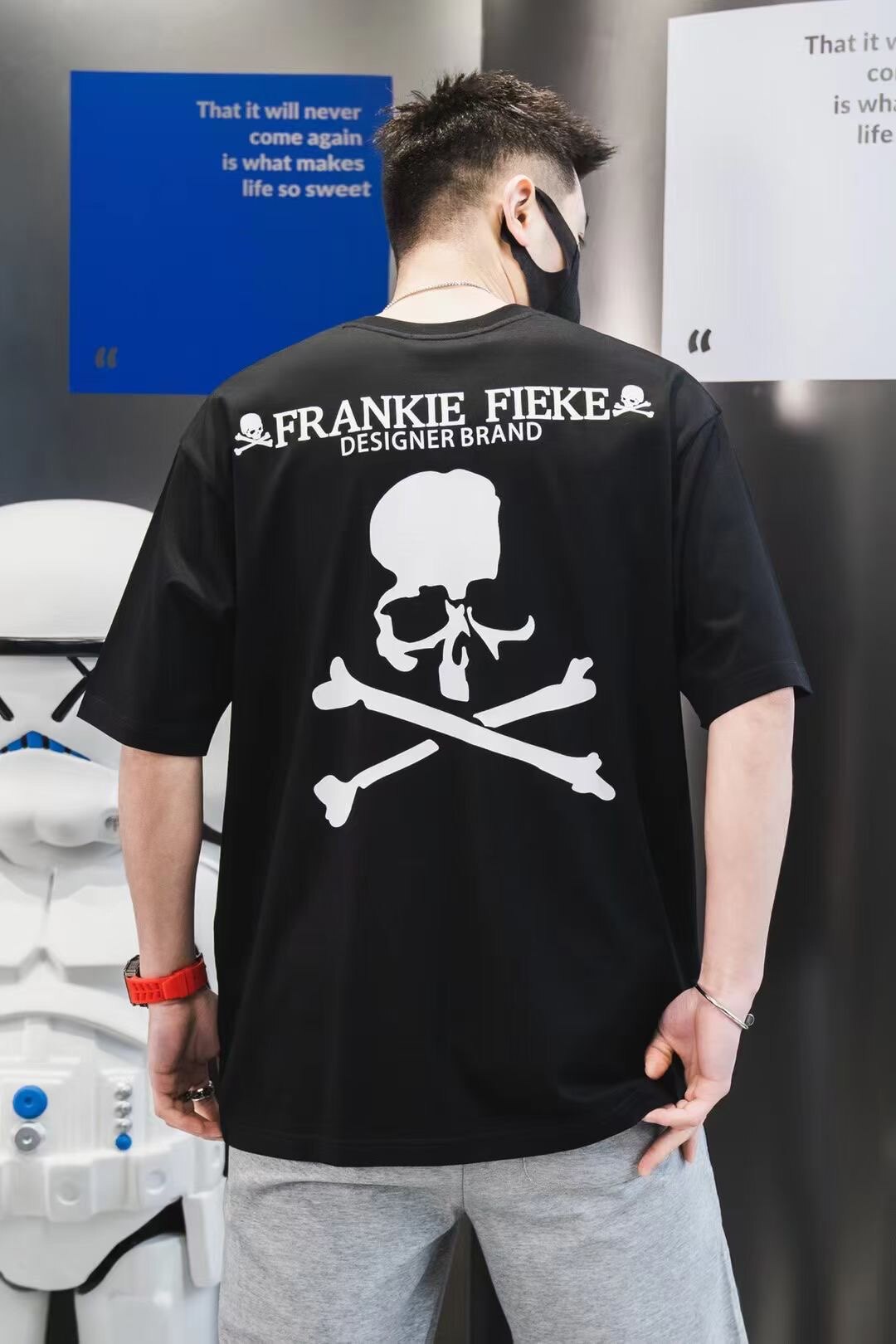 男士夏季大版阔版骷髅黑色/白色圆领时尚休闲潮流短袖T恤2219