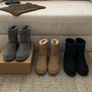 桑坡雪地靴女皮毛一体经典 女外穿 中筒一粒扣真皮休闲舒适加厚棉鞋