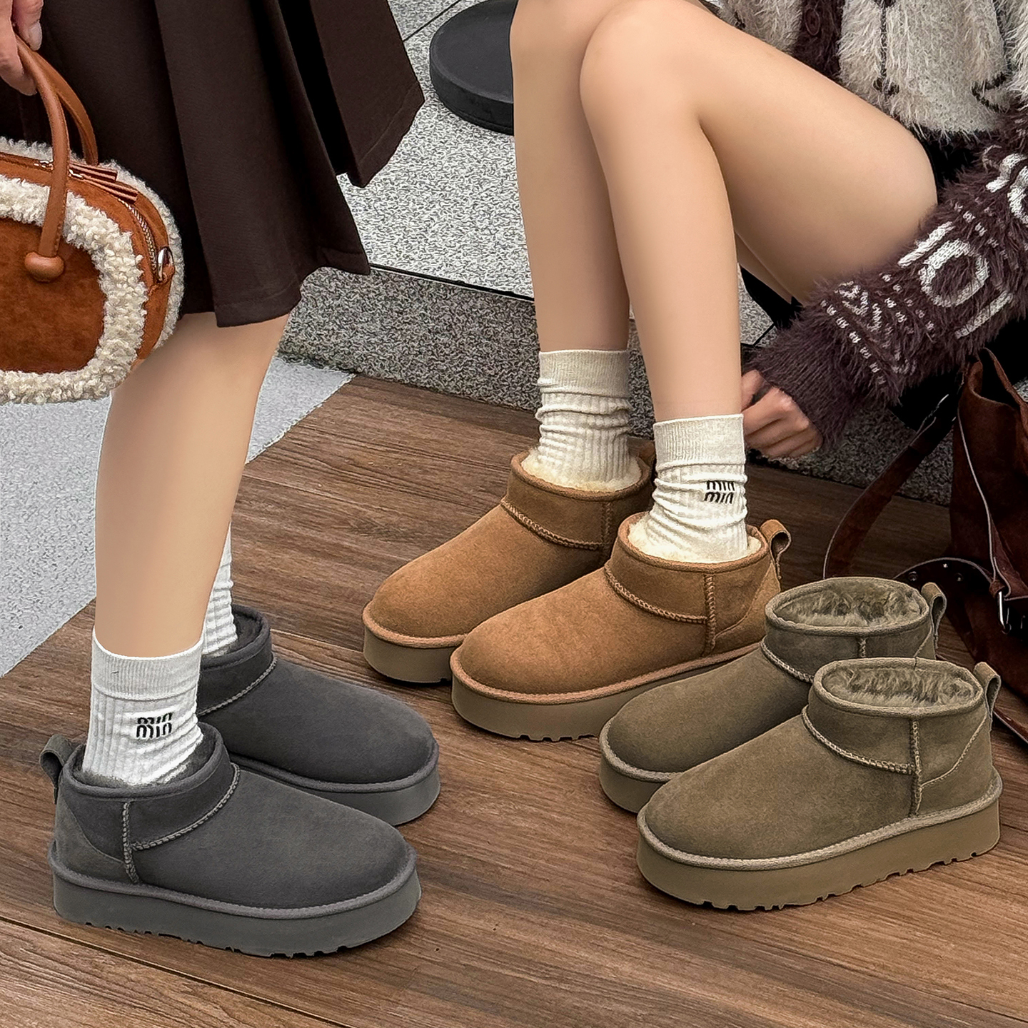 桑坡雪地靴女皮毛一体厚底周冬雨同款迷你靴棉鞋女冬季加绒加厚