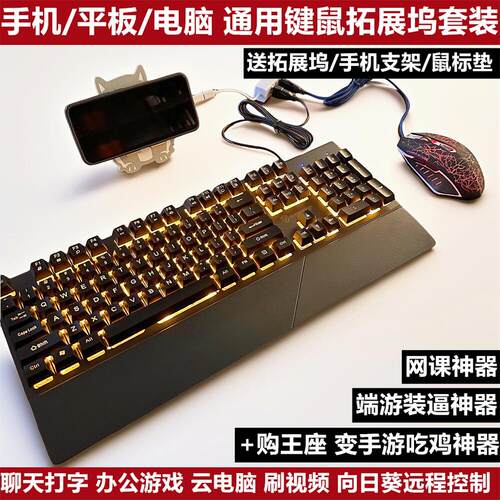 安卓手机接OTG进云电脑玩端游DNF LOLCF吃鸡发光有线键盘鼠标套装