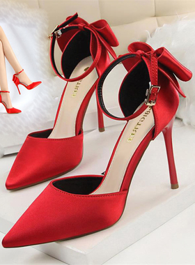 蝴蝶结高跟鞋浅口细跟尖头鞋绸缎大码春夏女单鞋红色一字镂空凉鞋