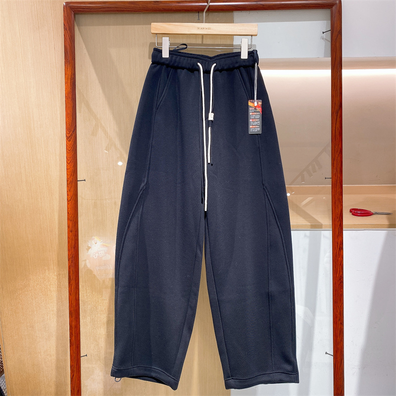 欧洲站2025冬季新款双抽绳弹力腰围宽松休闲加绒阔腿直筒弯刀裤现