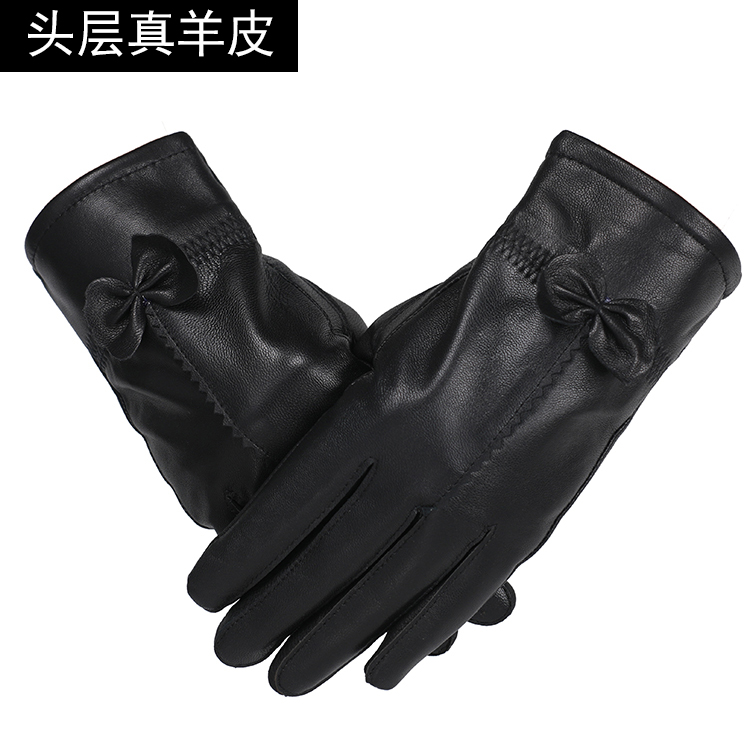 真皮手套黑色绵羊皮冬季开车摩托车骑行加绒加厚保暖女士蝴蝶薄款