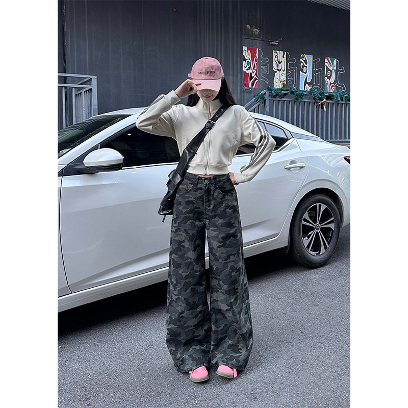 依琳家美式复古迷彩工装牛仔裤女2025秋冬新款高腰直筒显瘦阔腿裤