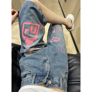 设计感彩色印花牛仔裤 依琳家胖mm大码 美式 新款 子女 显瘦2026春季