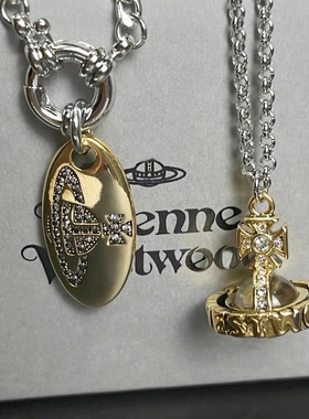 Willa｜欧美风复古做旧土星项链带钢印圆牌立体字母星球orb毛衣链