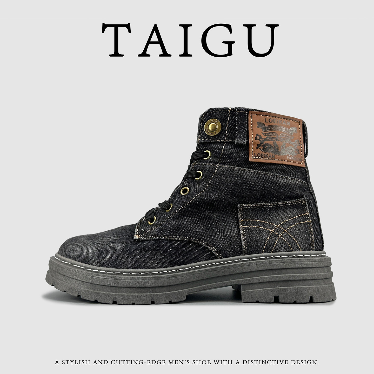 新款高帮男士复古风工装休闲马丁靴牛仔布面韩版大码潮流时尚软底