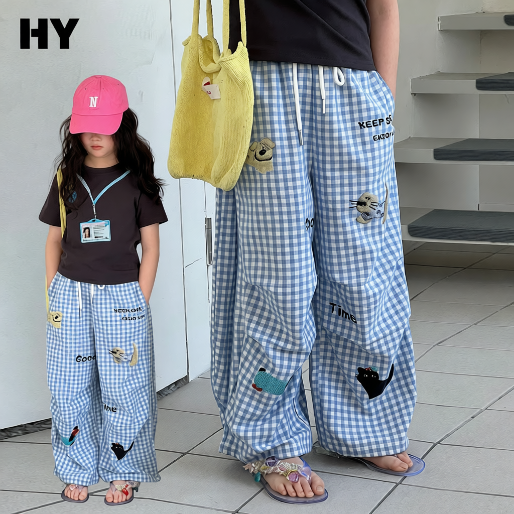 叮羊羊儿童裤子夏季新款卡通刺绣沙滩裤宽松女孩中童直通阔腿裤