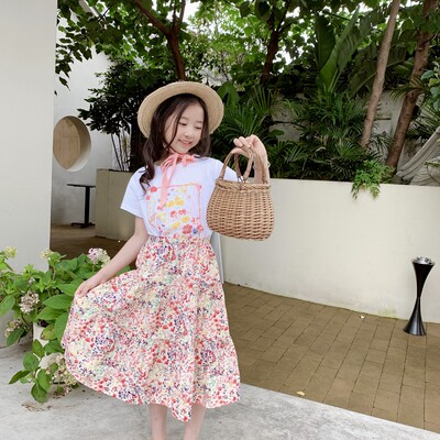 女童夏季短袖T恤碎花半裙套装