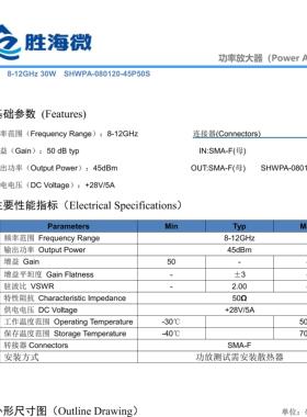 8-12GHz 50dB增益 30W/45dBm 28V X波段 射频微波功率放大器
