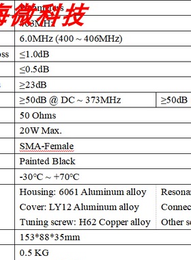 中心频率403MHz 400-406MHz 带宽6MHz 射频同轴腔体带通滤波器