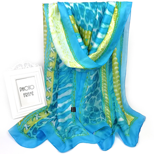 蓝色斑马纹仿真丝雪纺百搭长款印花丝巾冬天保暖夏季防晒妈妈围巾