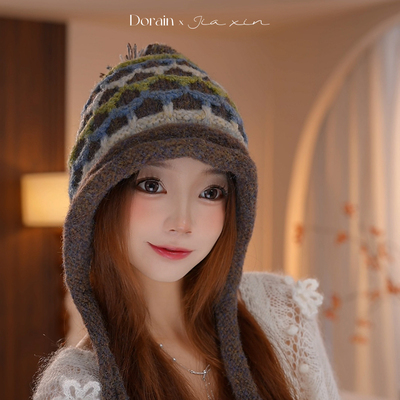 费尔岛针织帽子女秋冬大头围花边毛球护耳帽防寒保暖显脸小毛线帽